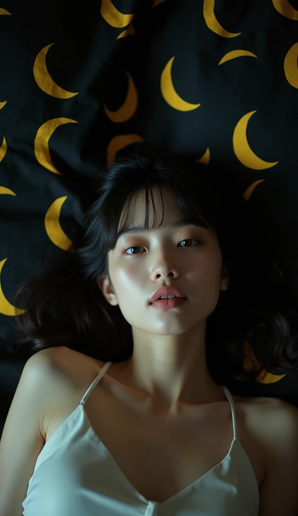 Selfie photo of beautiful Thai woman, lying on a black and yellow crescent patterned bed, dark atmosphere, only woman and bed visible, short thin white dress, straight hair, night, cinematic