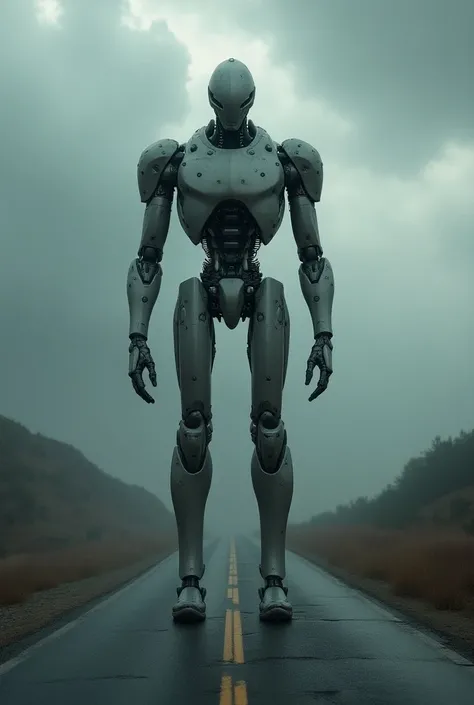 Create an image of polynetica robot which is standing in road dramatic light around and 