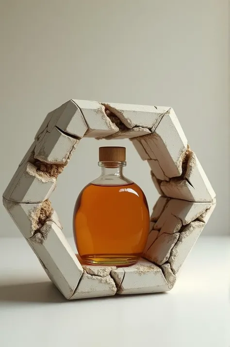 A cracked Hexagone with honey bottle
