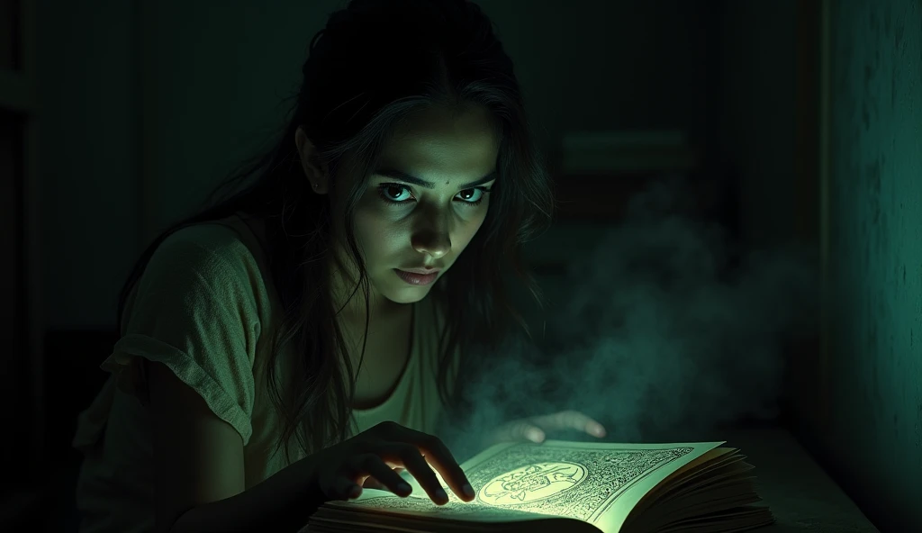 Prompt:
A darkened room with a single, dusty bookshelf. Savitri’s hand reaches out to pull an ancient, worn book with strange, glowing symbols on the cover. Her face is partially visible, showing a mix of curiosity and caution. The book emits a faint eerie...