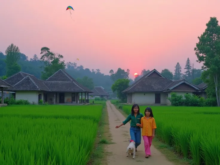 A peaceful rural scene at sunset featuring two young ren walking through lush green rice fields with kites flying in the sky. Traditional houses with tiled roofs are surrounded by tall trees, creating a serene village atmosphere. The sky is painted in soft...