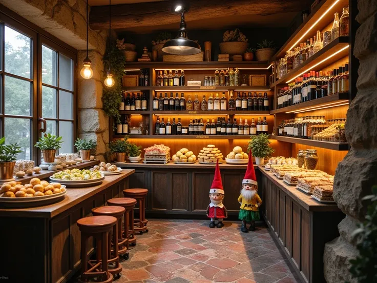 "A cozy gourmet food store filled with shelves of wines, patés, and sweets. A small, hidden door opens and tiny, magical elves with pointed hats and colorful clothes emerge, bringing a whimsical and festive atmosphere."