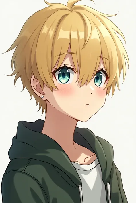 .
boy with blond hair and different colored eyes ( one eye blue and the other green ) , parts,  ear piercing , character portrait, anime .  wearing casual clothes .
