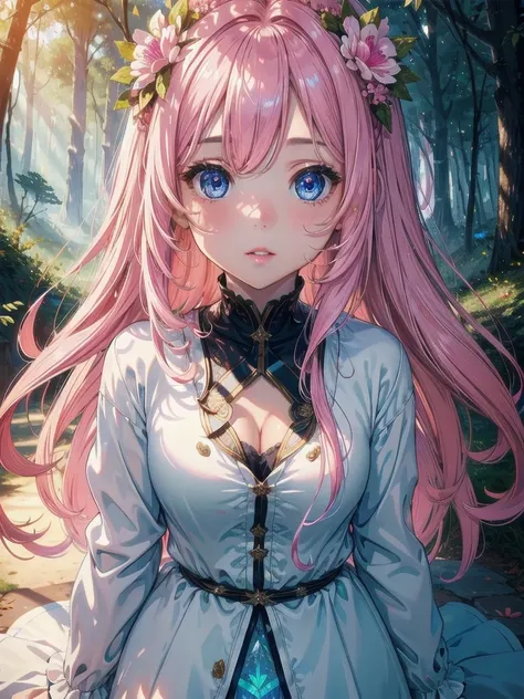 (masterpiece, best quality), 4k, ultra high res, high resolution, 
Extremely cute and beatiful 1 girl, bloom, photographic face, photographic eyes, (iridescent aura1.1), a perfect contract of light and shadow, Civilization, Forest,
pink long hair, clean bl...