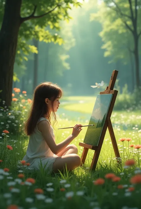 A girl who paints a picture in nature