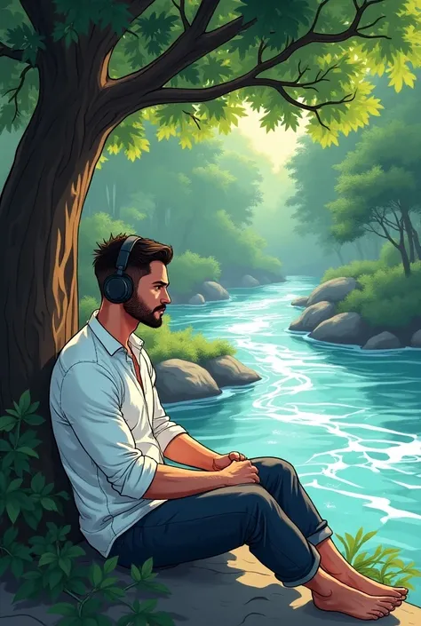 A man with a v tape body  with a white shirt
Living apart from distortions 
 Sitting Beneath a tree
With a headphone
River in background 
Embracing nature
He is Directed toward river
Comic style
