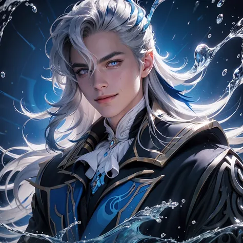 1 man neuvilette, long hair, silver hair, blue streak, blue glowing eyes, fist glowing, water waves in background, holding stick up high, royal robes, gentle smile on face, half portrait