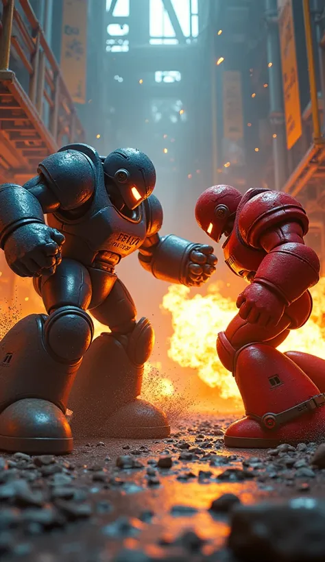 A powerful action scene of Guts Man and Fire Man from Mega Man 1 (Capcom), battling in a futuristic industrial environment. Guts Man, a bulky robot with powerful arms, is lifting a massive boulder, ready to throw it, while Fire Man, with flames shooting fr...