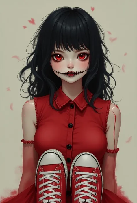 ((drawing)), ((fanart)),((Design)). 1 girl,Adolecent,beautiful face, white skin, red eyes, black hair, dark shadow around the eyes, cut smile, cut cheeks forming a smile, red dress, All Star high tops, black nails.