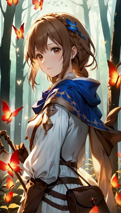 A stunning HD (High Definition) illustration of a brown-haired mage anime girl with long hair, with a braid on one side. She has brown eyes and wears a blue mages veil on her head. She is dressed in a long-sleeve white medieval-style shirt, brown pants, an...