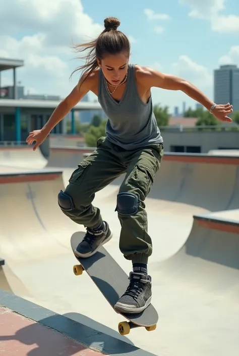 Young woman skater at a stunt park in realistic and hyper-detailed style