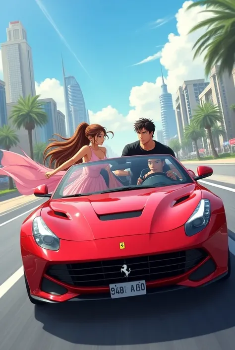 An anime girl and boy, girl with brown long hair, flowing out of car, pink dress, boy with casual Balck tshirt & pant,heavy shoulder: chest: muscles, boy is driving a red Ferrari, in Dubai road, girl is enjoying, boy is looking at her & laughing , anime st...