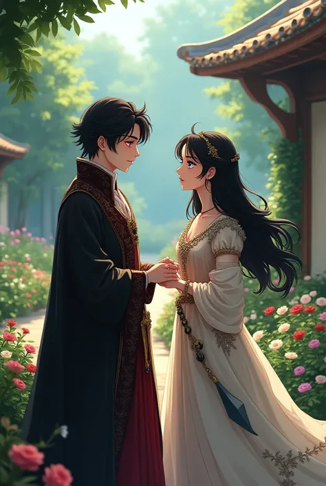 The other day, a black-haired man with red eyes and medieval clothes went to talk to the black-haired, blue-eyed woman in medieval clothes in a garden..
 Anime style 