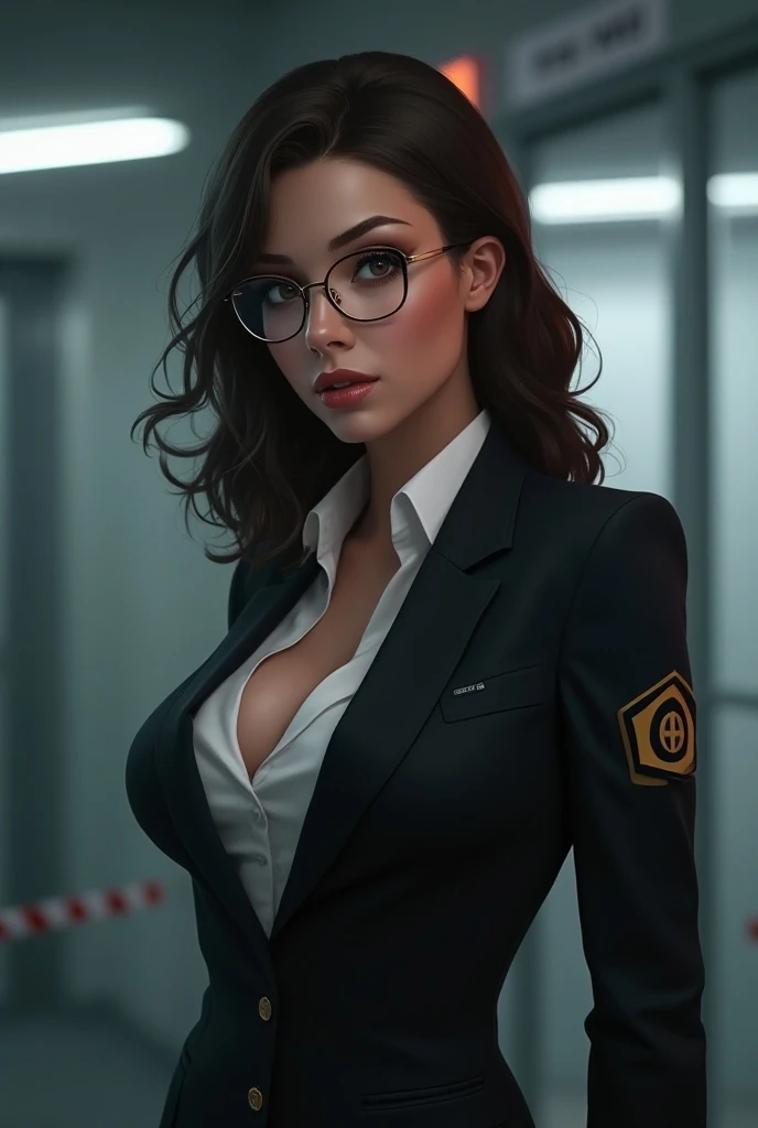 Girl security guard brunette medium tits sexy glasses 