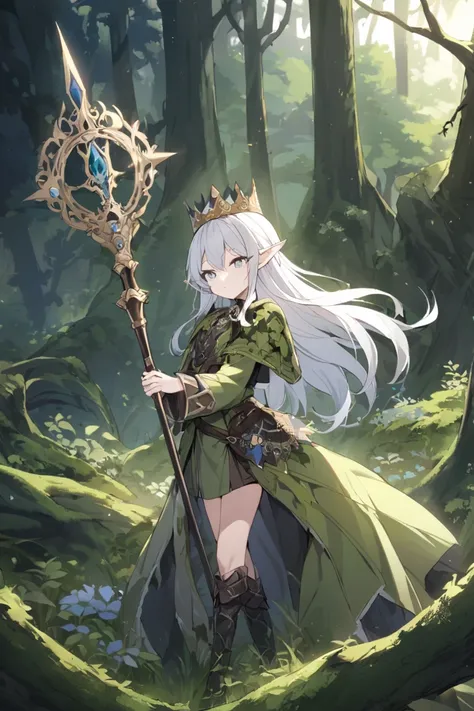 an elf woman, white hair, silver eyes, wearing a crown, dressed in ornate leather and moss clothing, an ornate staff, forest setting, exuding great magic