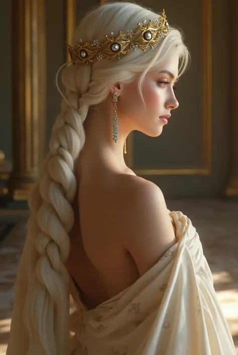 white blond hair pinned up with loose braid pinned around head, and the gold-platine diadem with 13 gems in hair. throne hall, all princess ethereal like angel girl, point of view of back on her bared shoulder covered by delicate silk dress, showed a littl...