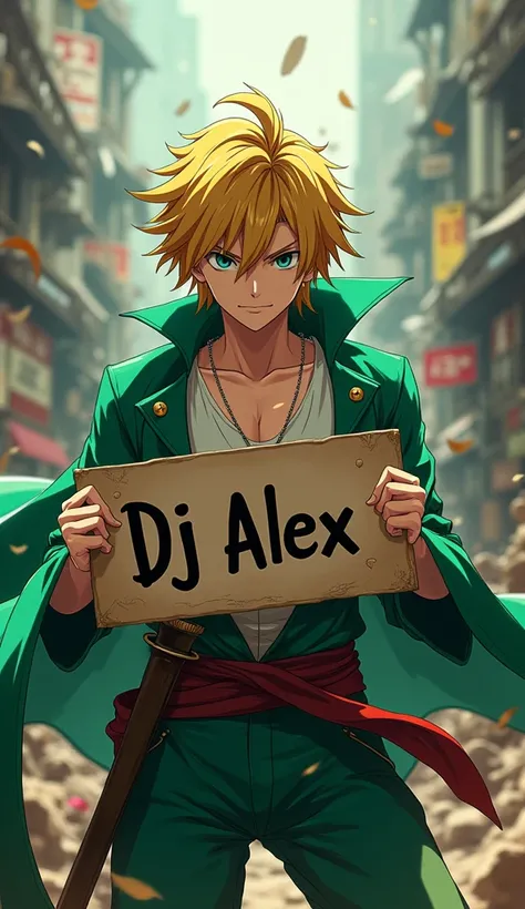 Meliodas from the seven deadly sins holding a sign with the words (Dj Alex), In an environment surrounded by chaos, ultrarealistic, cinematic image, 8k