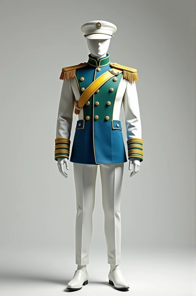  Full body front mannequin ,  with white Military Uniform with blue ,  green and yellow details from the collar the sleeves to the wrist. White military cap , white shoes. 