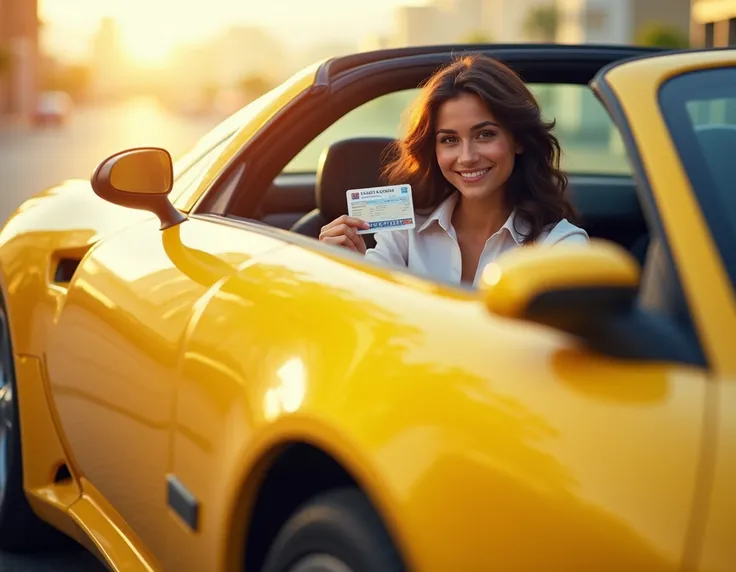  create an image with a woman in a yellow car raising her drivers license, And in front where is the license plate written DRIVER Recently Enabled 