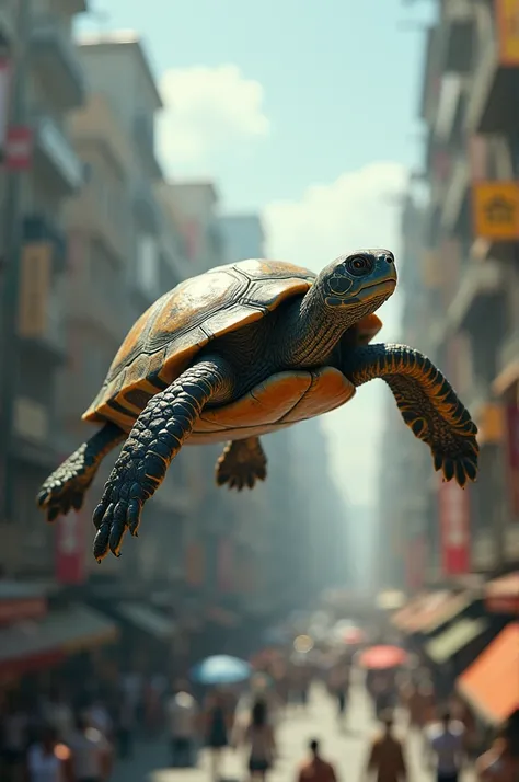 Turtle flying through the city