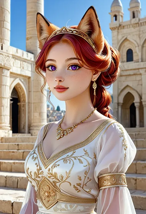 "A beautiful young kitsune with long, silky red hair, cascading elegantly around her heart-shaped face with refined, delicate European features reminiscent of French origin. Her almond-shaped, dark tourmaline eyes shine expressively, paired with a small, d...