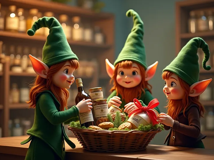 " Some elves in a gourmet store choose products such as a bottle of wine,  a jar of pâté and a pack of artisanal cookies ,  and they are carefully placed in a gift basket .  A leprechaun adjusts a red ribbon while another checks the products . The scene is...