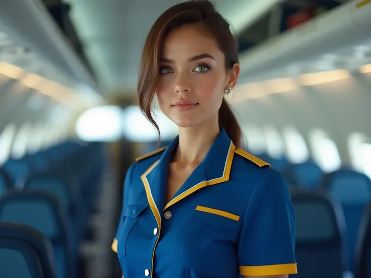 8K, best qualityer, arafed flight attendant in uniform standing in an airplane,realisitic, The ultra-detailed, realistic photography, A hyper-realisitic, softer lighting, increase the quality of cinematic lighting, photorealistic lighting, Back lighting, s...