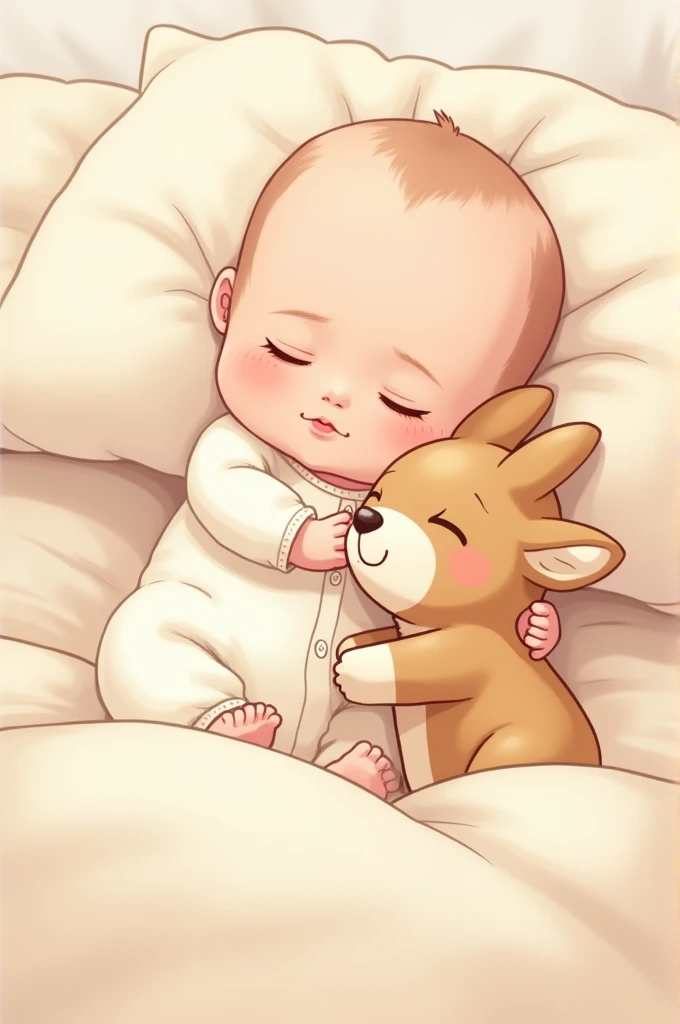 anime, Illustration baby in bed cute little with deer animal cuddly toy 