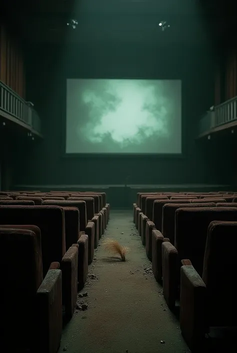 An ultra-realistic scene of an abandoned movie theater. The seats are covered in dust, and the air feels thick with years of neglect. The projector screen flickers with a faint, forgotten image, illuminating the otherwise dim and shadow-filled interior. In...