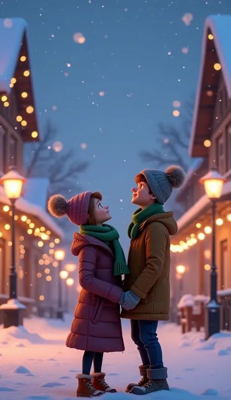 "An outdoor scene of Sofia and Ben, looking up at the sky as snowflakes fall around them. Sofia is holding a green scarf and Ben is wearing a pompom winter hat. The street is lit up with Christmas lights and there is snow covering the trees and rooftops. P...