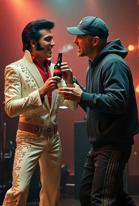 Create me a photo in which I have Elvis Presley with the drink Fernert in his hand and the singer Eminem singing like friends