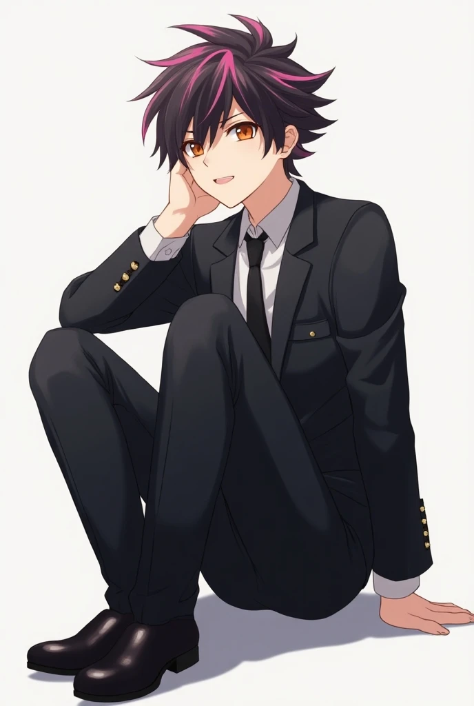 My hero academy guy, with black hair with Locks pink, Brown eyes, sitting smiling wearing a black suit with black shoes 