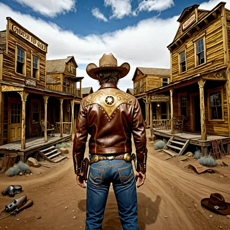 Photorealistic, ghosttown of gold, cowboy theme, realistic,  photography,  verh detailed,  album cover