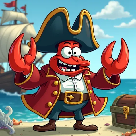 Create an image of Captain Krabs, the pirate version of Mr. Krabs from SpongeBob SquarePants. He is wearing a traditional pirate outfit with a large tricorn hat, a flowing red coat with gold trim, and a belt adorned with a shiny buckle. His claws are exagg...