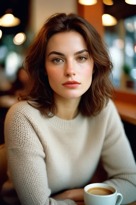 
"Photograph of a confident, dominant woman, (strong, assertive expression with a direct gaze), natural skin texture, shoulder-length brown hair, wearing a soft sweater in pastel tones, seated with a commanding posture in a cozy coffee shop with warm light...