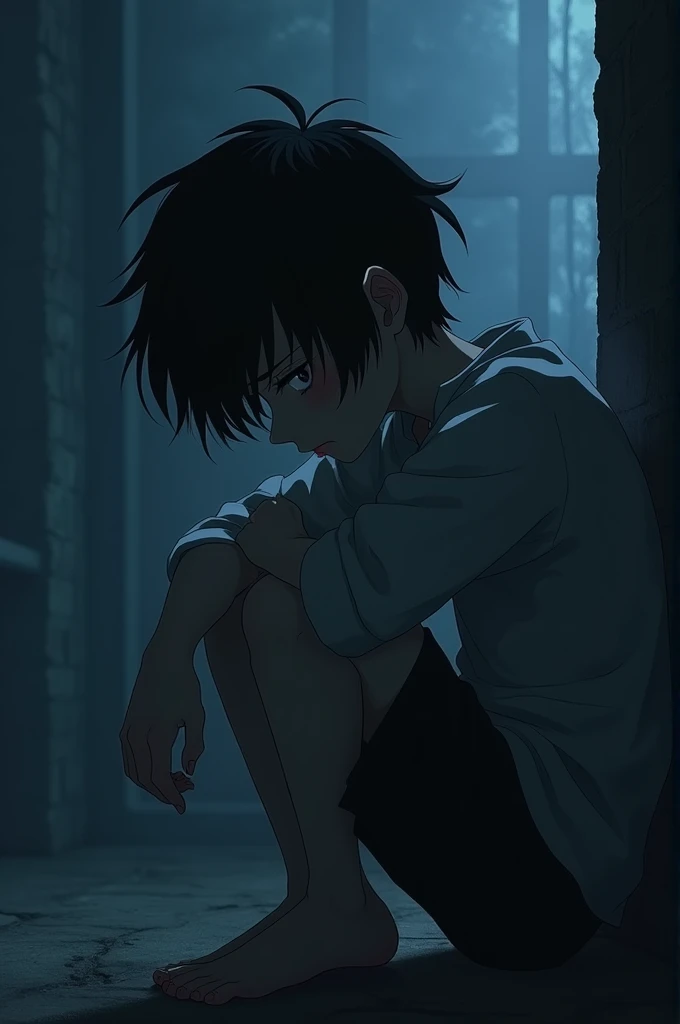 Anime , teen boy , in despair , wants to die , emotionless smile , in night 