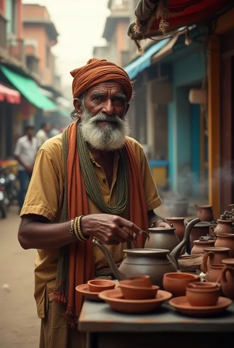 Indian desi Chai tapri stall  with old age man image was front
