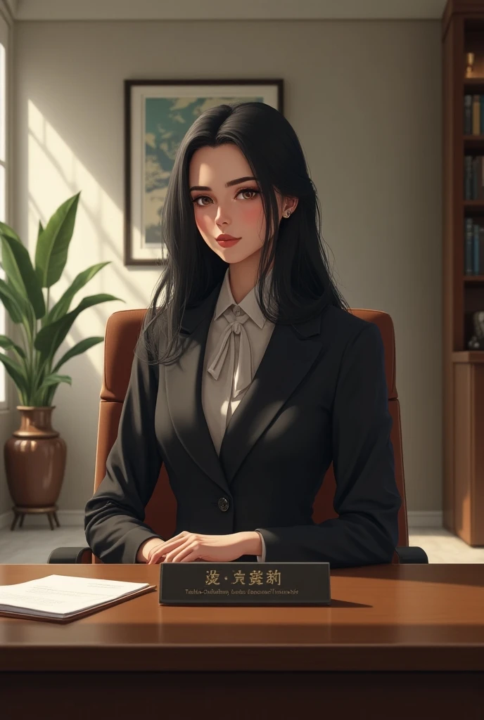 A  girl with black hair sitting on a chair inside her huge office with a table having a name plate “Tabika Chaudhary ( SENIOR AGRICULTURE OFFICER)