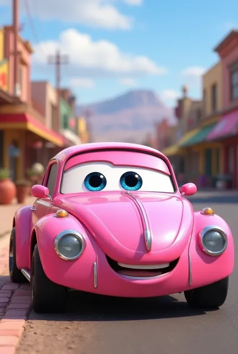 Pink beetle with blue eyes in the Disney Cars universe 
