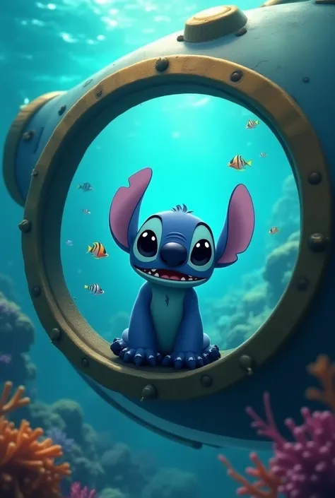 Stitch dans sous-marin bateau qui regarde par le hublot