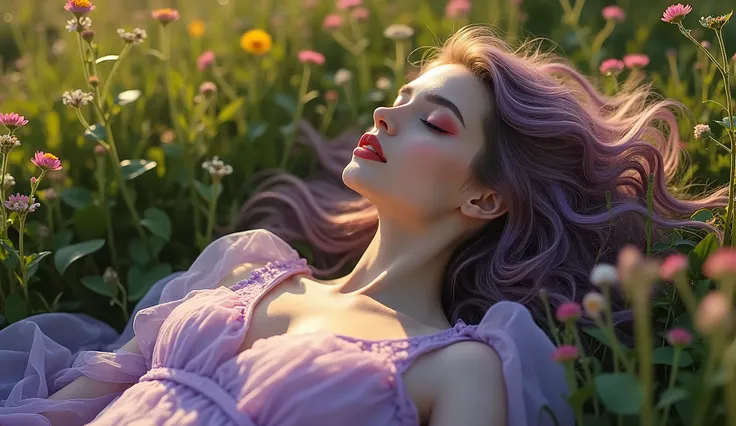 She lies in a field of wildflowers, the sun bathing the scene in a soft golden glow. The camera, positioned above her, captures the serene beauty of this moment. Dressed in light purple and green outfits that reflect her vibrant palette, the fabrics flow d...