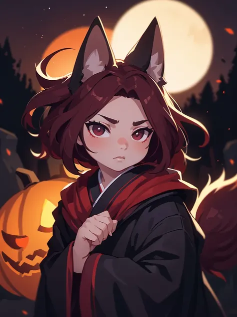 1 male, fox male, detailed dark red hair, detailed black eyes, japanese kimono, dark style, halloween style, intricate details, dramatic lighting, cinematic, moody, atmospheric, (best quality,4k,8k,highres,masterpiece:1.2),ultra-detailed,(realistic,photore...