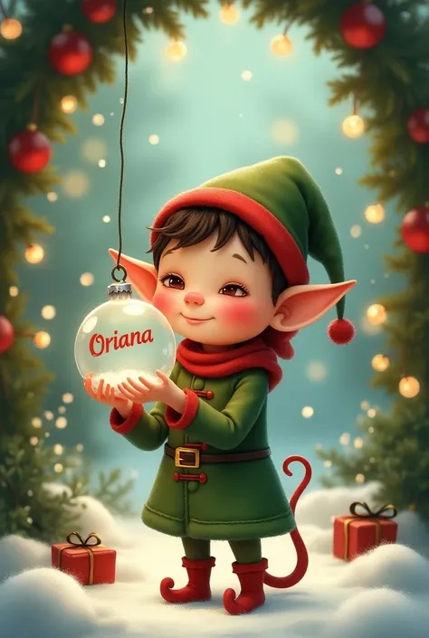 Little elf holding a transparent Christmas ball with the name Oriana on a Christmas background 