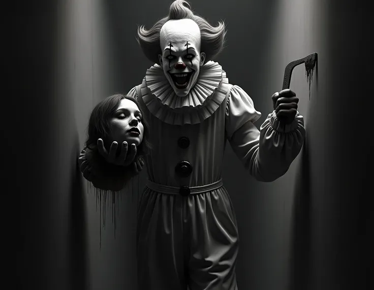 (masterpiece,best quality, 8k, sharp focus)a horror clown, like Art the Clown, black and white costume, which left hand a head from a girl, and in the other hand a saw, bloody, gore, brutal