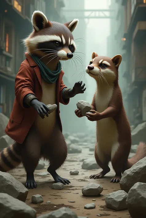 I want a raccoon and an otter, They throw stones together ,  to fight for a better world. You are hopeful and brave . It is important,  so that the raccoon looks like a raccoon and the otter looks like an otter, Please do not blind the species .  art style...