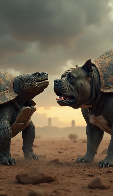  Giant Pitbull Turtle in Confrontation :

animais:  Include a Turtle and a Giant Pitbull,  both with furious expressions ,  facing each other .

position:  Both animals must be in confrontational poses, staring intently .

Background:  Create a dramatic sc...