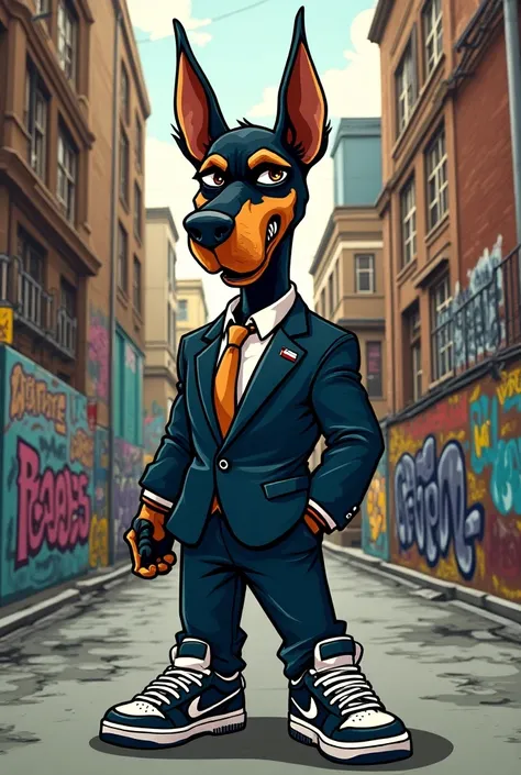 Create an urban cartoon ,  suit and sneakers with an angrily faced Doberman character, Wearing Nike .
 suit and sneakers with DOBERMAN lettering in GRAFFITI lettering