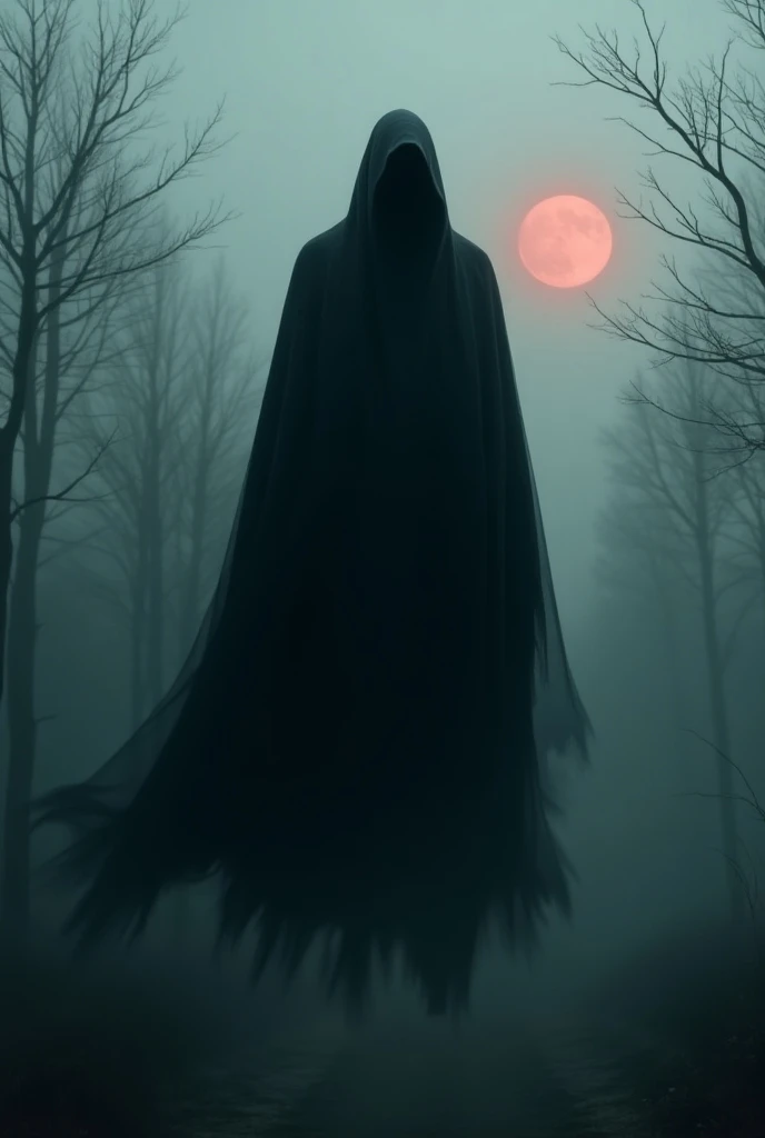  The Dementor floats in a gloomy , foggy environment .  His faceless features are from a long ,  black cape wrapped ,  that moves around him like smoke .  In the background you can see wilted trees and a blood-red moon .  They are often described as a larg...