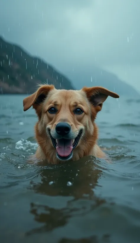 "CREATE A REALISTIC VIDEO OF A DOG DROWNING IN A SEA ON A RAINY AND THUNDER DAY"