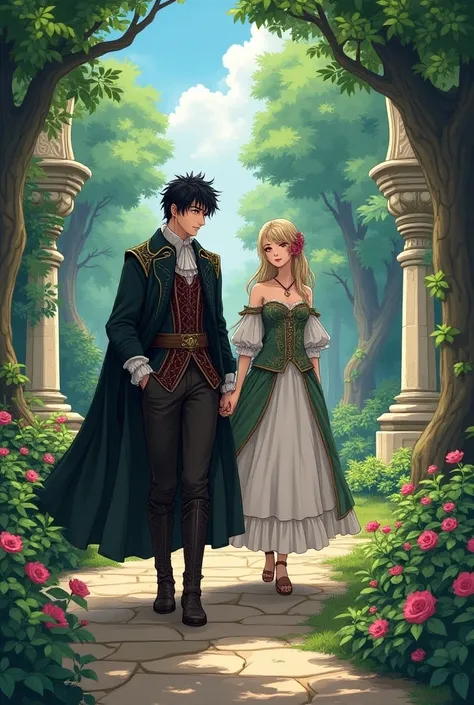 A black-haired man with red eyes and medieval clothes walking with a woman in medieval clothes in a garden 
Anime style 